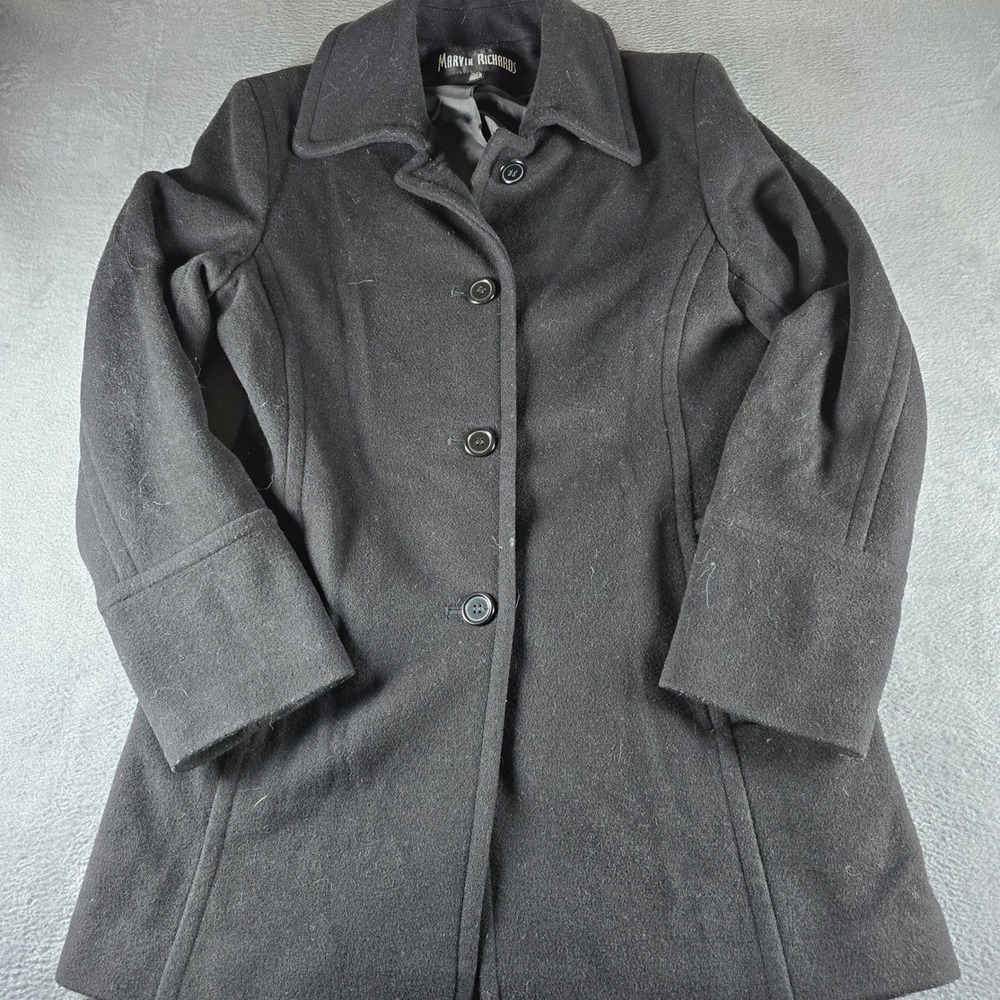 Marvin Richards Black Wool Blend Pea Coat Mid Length Button Front Jacket Medium